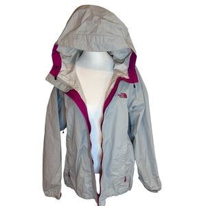 Women’s North Face Large Hooded Windbreaker Jacket Gray/Pink Lightweight Outdoor